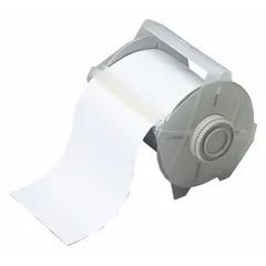 Thermal transfer continuous label roll, 4 1/4 in x 25 ft, metalized polyester, white gloss, outdoor rated. Magnetic adhesive allows temporary placement on ferrous surfaces for asset identification, safety warnings, or pipe marking. Compatible with GlobalMark printer series.