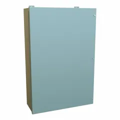 This HAMMOND steel enclosure measures 36 x 24 x 9 inches and is rated NEMA 12 for protection against dust, dirt, and dripping non-corrosive liquids. It features a solid hinged cover secured with screws and includes a mounting panel. Knockouts are not provided. Typical applications include housing electrical controls and instruments in industrial environments such as factories and machine shops.