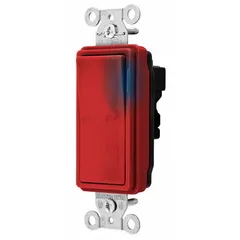 This HUBBELL rocker wall switch is a 3-way, maintained switch rated for 120/277V AC and 20 A. The red illuminated actuator provides visual status indication in low-light environments. Suitable for manual on/off control of lighting or equipment in industrial and commercial facilities.