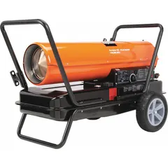 This direct-fired torpedo heater provides temporary or supplemental heating for large indoor or outdoor workspaces up to 4,000 sq ft. It features a 13-gallon tank capacity for 13 hours of operation per filling, a built-in air pressure gauge, and wheeled mounting for portability. Overall dimensions are 26-1/8 in x 41-7/8 in x 23-1/8 in.
