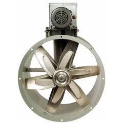 Unassembled belt-drive fan with drive package for clean air ventilation. Features a 24-inch blade, 3-phase TEFC motor, single speed, and vertical mounting. Delivers 6470 cfm at 0.000 in SP. Spark-resistant construction type B, not rated for hazardous locations. Suitable for general air movement in industrial spaces.