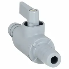 This manual two-way ball valve is made of PVC with a full port ball port and a wedge handle. It features a straight body configuration with barb x barb connections for use with flexible tubing. Suitable for on/off flow control in low-pressure fluid systems requiring corrosion resistance.