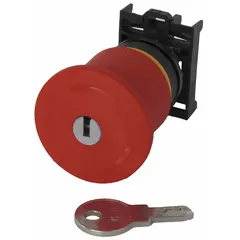 Red mushroom-head push-button operator from the EATON M22 series. Maintained action keeps the circuit open until manually reset. Non-metallic construction with 22 mm mounting size. Used for emergency stop functions in industrial control panels and machinery.