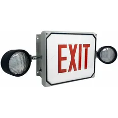 Red LED fiberglass exit sign with one face and universal field selectable chevrons. Wall-mounted, operates on 120/277V AC, and provides 90 minutes of emergency illumination. Remote capable. Suitable for areas requiring corrosion-resistant signage such as food processing and commercial kitchens.