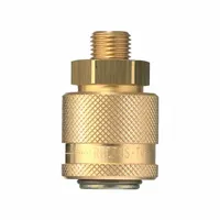 This brass quick-connect air coupling body features a ball-type locking mechanism and a 3/8" male hose fitting with 3/8"-18 threads. Designed for industrial interchange systems, it is used to connect pneumatic tools and hoses in compressed air applications