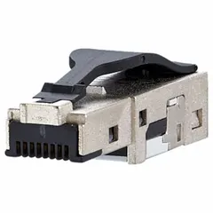 Device-side RJ45 connector for Cat6 performance in power, data, and HDBaseT applications. Straight male connector with 8 poles and insulation displacement termination for cable mounting. Housed in a metallike zinc die-cast housing, suitable for field termination in structured cabling systems.