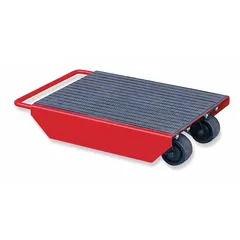 Machine roller with a rubber-padded top plate for moving heavy loads. Includes a handle for positioning. Features four swivel and fixed nylon rollers in a red finish. Deck height is 4 3/4 inches.