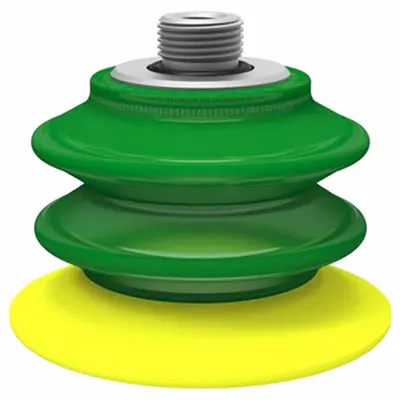 PIAB Vacuum Pad Assembly: G1/8 in, 77.5 mm Pad Dia, Polyurethane, Green, 60.2 mm Pad Ht - Multi-Bellows Type with Filter Packaging Industry Vacuum Pad Assemblies
