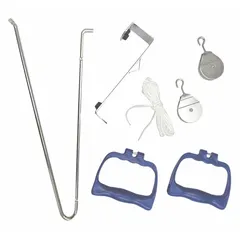 This door pulley exercise set is designed for resistance training at home or in rehabilitation settings. It attaches to a door to provide a versatile pulley system for exercises targeting arms, shoulders, back, and legs. Color: Blue. Overall length: 40 3/4 in.
