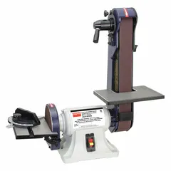 This benchtop belt and disc machine is suited for sanding, deburring, finishing, and shaping operations on metal, plastic, and wood. It operates on 115 V single-phase power with a 1/3 hp motor and uses a 2 in x 42 in belt.