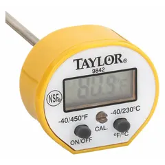 This TAYLOR digital stem thermometer features an LCD display, 6-inch overall length, and 1 1/2-inch dial size. It provides +/-1 °F accuracy and includes an On/Off switch. The plastic case is NSF certified. Suitable for measuring food temperature in commercial kitchens, catering, and food processing environments.