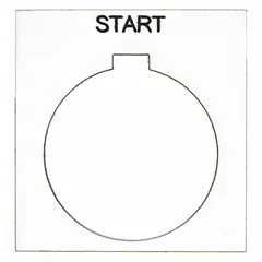 Square non-metallic plastic legend plate for 30 mm panel-mounting push buttons. White background with black English 'Start' marking and notch design. Overall dimensions 1 13/16 in height and width. Used to label push-button stations in industrial control panels.