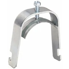 Steel conduit clamp with saddle, electroplated silver finish. For 2 in conduit trade size, cable range 1.740 in to 2.200 in, thread size 2 in. Designed for 1-5/8 in strut channels. Used to secure conduit in electrical installations.