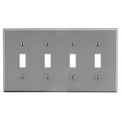 This HUBBELL wall plate is a 4-gang, standard-size cover for toggle switches. It is made of gray polycarbonate, providing a durable finish for electrical boxes in commercial or industrial settings.