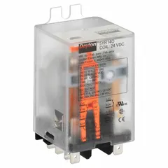 This Dayton relay features a DPDT contact configuration and operates on 24V DC. It mounts via a side flange and connects through an 8-pin plug-in terminal. Suitable for switching two independent circuits in control panels, automation systems, and HVAC equipment.