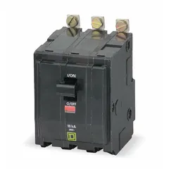 Three-phase, bolt-on miniature circuit breaker rated 15 A at 240V AC with a maximum interrupting rating of 10kA at 240V AC. Provides overcurrent protection in Square D NQOD panelboards for commercial and industrial electrical distribution systems.