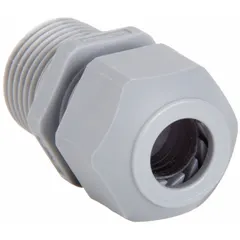 Straight cable grip with 3/8 in NPT box connection, accepting cord diameters from 0.18 in to 0.31 in. Gray nylon body with IP66 rating for protection against dust and water jets. Overall length 1 7/16 in. Suitable for sealing and securing cable entry into electrical enclosures, junction boxes, or control panels in industrial environments.