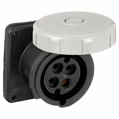 Watertight pin and sleeve receptacle rated 600V AC, 30 A, three-phase, with 3 poles and 4 wires and IEC grounding. Suitable for industrial environments requiring a weather-resistant power connection for heavy equipment.