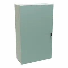 This steel washdown enclosure measures 60 x 36 x 16 inches and features a solid hinged cover with latches. Rated NEMA 12/3R/4, it provides protection against dust, rain, and hose-directed water for indoor or outdoor use. Knockouts are not included. Suitable for housing electrical controls and equipment in industrial environments.