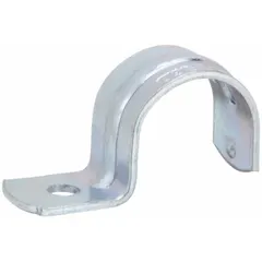 This one-hole strap clamp secures 3/4 in trade size IMC and RMC conduit to surfaces. Made of corrosion-resistant electroplated steel with a gray finish. Screw-on mounting with a 0.281 in hole diameter. Overall dimensions: 2-5/32 in length, 1-5/32 in height, 25/32 in width.