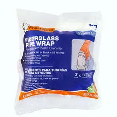 Fiberglass pipe wrap for thermal insulation and freeze protection on pipes in HVAC, plumbing, and industrial systems. Measures 3 inches wide by 25 feet long, 1/2 inch thick, with an R-Value of 1.6. Reduces heat loss and energy costs in cold environments.