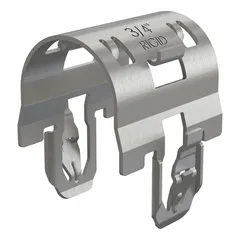 Snap-in rigid conduit clamp for securing 3/4 in trade size rigid conduit to Smart-Cap/Slotted Receiver systems. Made of spring steel with a gray SST (Dakota ProTect™ Wet/Dry: 1000hr) finish. Used in electrical conduit installations requiring corrosion resistance.