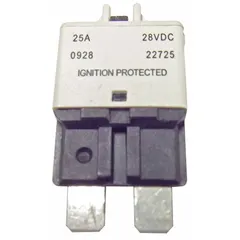 Plug-in mount automotive circuit breaker with Type III ATC footprint. Rated 28V DC, 2 kA interrupt rating. Blade terminal connection. Provides overcurrent protection for automotive electrical systems.