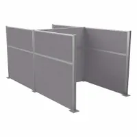 This modular cubicle wall system includes five fabric panels in Cloud Gray. Each panel measures 72 inches in height and 72 inches in overall width. The fabric panels provide visual privacy and sound absorption, suitable for creating workstations in open-plan office environments