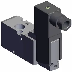 Three-way, two-position directional control valve from the VP Series. Single solenoid, normally closed operation with 110V AC coil. Female 1/4 NPT connection. Used for on/off control of single-acting cylinders or pilot signals in pneumatic systems.