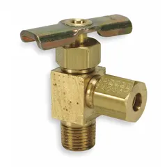 Brass angle-body needle valve with 1/4 in pipe size and Compression x MIP connections (Compression side 1, Male IPS side 2). Metal seal for water media. Used for precise flow regulation and shut-off in piping systems, particularly in confined spaces.