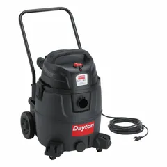 This DAYTON heavy-duty vacuum features a 12-gallon plastic tank for wet/dry pickup of liquids and dry debris. It includes a 1-7/8-inch diameter hose with 12-foot length and a push handle for easy mobility. Suitable for standard cleaning tasks in industrial and workshop environments.