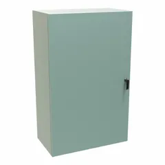 This steel washdown enclosure measures 48 x 30 x 16 inches and features a solid hinged cover secured by latches. Rated NEMA 12, 3R, and 4, it provides protection against dust, rain, and hose-directed water for electrical controls and equipment in industrial environments. No knockouts are included.