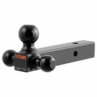 This CURT ball mount is a non-adjustable steel unit designed for Class IV hitches. It features three ball diameters (2 in, 1-7/8 in, and 2-5/16 in) for compatibility with various trailer couplers. The powder-coated finish provides rust resistance. Weighs 19 lb. Backed by a limited lifetime warranty (1 year finish, 1 year parts)