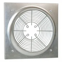 Steel venturi frame designed for wall-mount ventilation fans with a 14-inch blade diameter. Features a 16 1/2-inch by 16 1/2-inch mounting size and includes a zinc-plated guard. Used to direct airflow and mount fans in exhaust applications.
