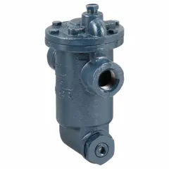 Cast-iron inverted-bucket steam trap with 3/4 in FNPT connection, rated for 750 lb/hr capacity at 250 psi maximum pressure and 450°F maximum temperature. Designed for horizontal in-line installation. Includes built-in strainer for debris protection. Used to remove condensate from steam lines in heating and process systems.