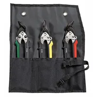 This aviation snip set includes left, right, and straight cutting snips for versatile cutting of mild steel up to 18 ga. Each snip features steel blades and plastic handles, with an overall length of 7 1/4 in and cutting lengths from 1 in to 1 1/4 in. Suitable for sheet metal work and fabrication tasks requiring straight or curved cuts
