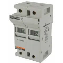 The BUSSMANN CH30J2I is a 2-pole UL Class J fuse block rated for 600 V AC. It features DIN rail mounting and box lug termination for secure wiring. This finger-safe block is used to mount and connect Class J fuses in industrial control panels, motor circuits, and branch-circuit protection applications.