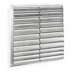 This wall-mount backdraft damper is designed to prevent reverse airflow in ventilation systems. It features double-panel aluminum construction with flat blades, measures 54 inches high by 54 inches wide by 2.5 inches deep, and is rated for a maximum air velocity of 2500 fpm. Suitable for horizontal airflow in vertical mounting positions.