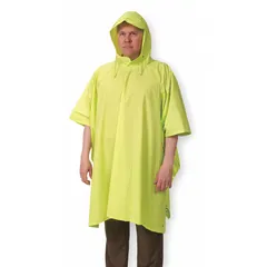 Universal-size hooded rain poncho made from 0.2 mm thick Nylon/PVC with stitched seams and snap closure. Includes attached hood and storage bag. Suitable for outdoor work, emergency preparedness, and industrial site use where weather protection is required.