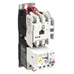 Three-pole NEMA Size 0 non-reversing motor starter rated 18 A with 440/480V AC coil. Includes one normally open auxiliary contact and pilot light for status indication. Electronic overload protection eliminates need for separate thermal units. Suitable for controlling three-phase motors in industrial applications such as conveyors, pumps, and compressors.