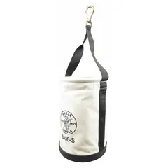 Canvas bucket bag with open top and single handle featuring a snap hook for hanging. Off-white color, 14-inch height, no pockets. Suitable for carrying tools and materials on job sites.