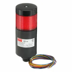 This single-tier tower light assembly provides a red visual signal for machine status, process alarms, or safety warnings in industrial environments. It operates on 90 to 240V AC and has an overall height of 5 1/8 inches with a 56 mm diameter. Commonly used on control panels, conveyor systems, and automated equipment.