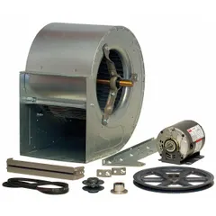 This belt-drive blower includes a drive pack and a 1 hp, 3-phase motor with an open housing design. It operates on 208-230/460V AC and is suited for industrial air movement, ventilation, and exhaust applications in facilities such as manufacturing plants and warehouses.