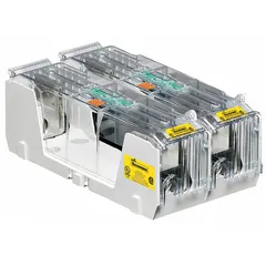 Open block design fuse block for UL Class RK1 and RK5 fuses. Rated 600 V AC, 2 poles, with box lug terminals and non-indicating construction. Used in industrial power distribution, motor control centers, and panelboards for overcurrent protection.