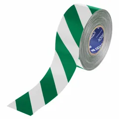 Green/white striped floor marking tape with 22 mil thick polyester backing. Used to mark aisles, hazards, and work zones in industrial facilities; green/white stripes indicate safe walkways or emergency routes.
