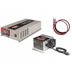 This TUNDRA multi-unit inverter with battery charger converts 10.5 to 15V DC to 120V AC pure sine wave power with a peak output of 3600 W. The integrated charger accepts 105 to 130V AC input and outputs 13.2V to 14.4V DC for battery maintenance. Suitable for mobile, marine, and backup power systems requiring clean AC power and battery charging.