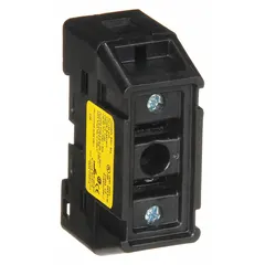 The BUSSMANN TCFH60N is a 1-pole UL Class J fuse block rated for 600 V AC. It supports DIN rail or panel mounting and features box lug termination. This finger-safe design is used in industrial power distribution, motor control centers, and panelboards for overcurrent protection.