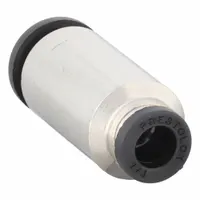 This nickel-plated brass union fitting features push-to-connect ends on both sides, allowing tool-free connection of 1/4 in OD and 3/8 in OD tubing. It is suitable for pneumatic or low-pressure fluid systems where quick assembly and disassembly are required. The fitting provides a reliable seal in applications such as air lines and instrumentation