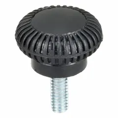 This knurled knob features a plastic body with a steel #8-32 threaded insert, 0.75 in diameter, and 0.5 in thread length. The knurled surface provides grip for manual adjustment and clamping on machinery, fixtures, and control panels.