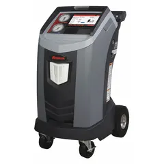 This machine recovers, recycles, and recharges R-134a refrigerant in gas vehicles. It features automatic oil injection, a capacitive touch LCD, and Bluetooth connectivity with included receiver. Uses an external tank. UL 1963 listed.